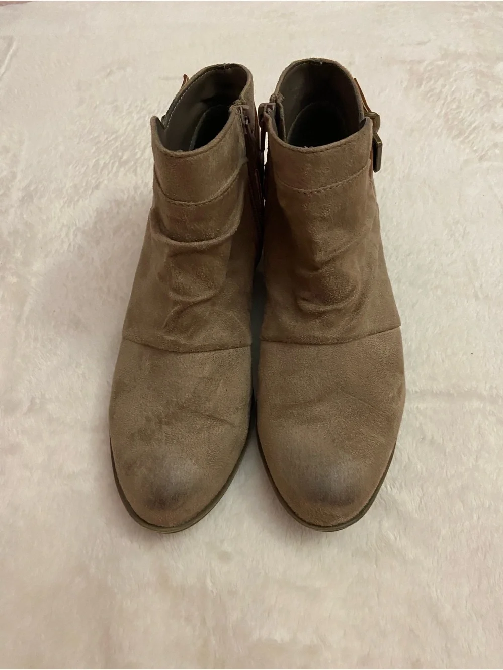 No parking Ailey Suede Ankle Booties with Side Buckle - Taupe